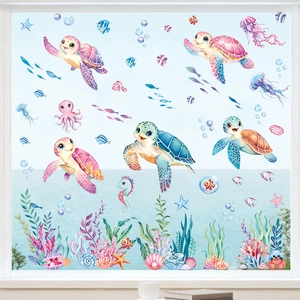 Ocean Animal Bathroom Wall Stickers PVC Waterproof Sea Turtle Fish Seaweed Self-Adhesive Wall Decals For Kids Room Home Decor