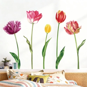 Detailed view of colorful tulip wall stickers on a cozy bedroom background wall
