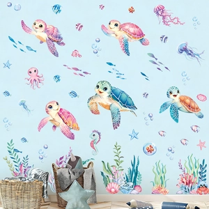 Cartoon sea turtle and ocean fish waterproof PVC wall stickers for kids bathroom decor