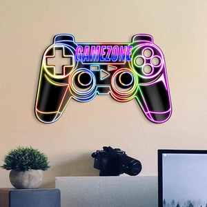 Enseigne Murale en Bois Manette de Jeu Style Américain Néon Arc-en-Ciel Déco Esport pour Chambre Salon Plaque Suspendue Gamezone