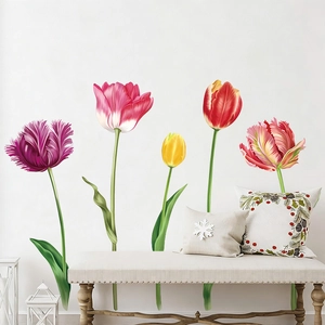 Macro detail of colorful tulip wall stickers showing realistic texture on a living room wall