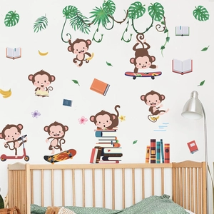 Cute cartoon monkeys on vines wall stickers for kids bedroom and reading room decor