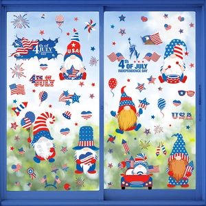 Independence Day window clings with patriotic gnomes and USA flags on glass surface
