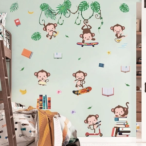 Cartoon monkey wall stickers with palm leaves and books for kids classroom decoration