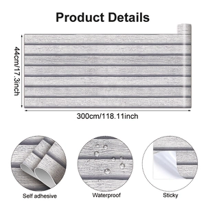 Detail of gray wood grain self-adhesive wallpaper showing dimensions 44cm x 300cm and features
