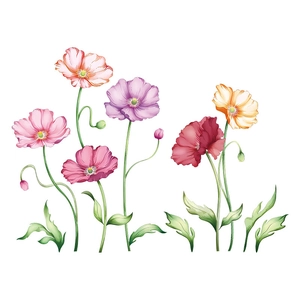 Fresh hand-painted floral wall decals featuring colorful poppies for living room decor