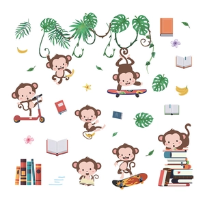 Cute cartoon monkeys wall decals featuring reading and skating activities for nursery decor