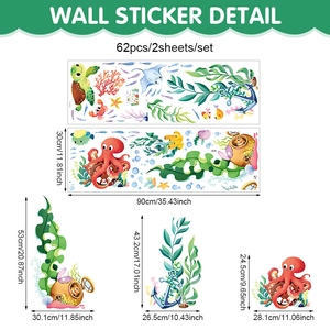 Detail view of 62pcs cartoon sea animal wall decals set with size measurements in CM and inch