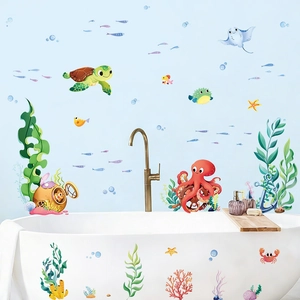 Cartoon ocean animal wall stickers for bathroom featuring sea turtles and octopus decor