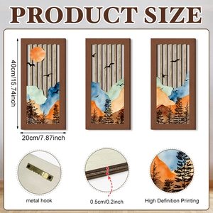 Three-piece mountain wood wall art set with dimensions 40x20cm and metal hook detail