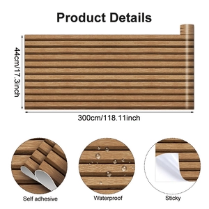 Detail view of self-adhesive wood grain wallpaper showing 44x300cm size and waterproof texture
