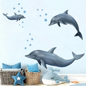 Waterproof ocean dolphin wall stickers and blue bubble decals for children's bedroom decor