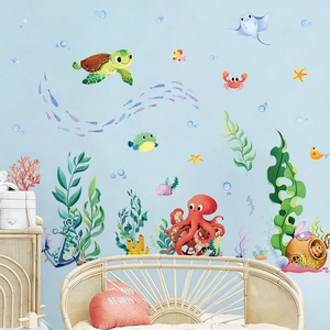 Cartoon ocean animal wall decals featuring turtles and octopus for kids bathroom decor
