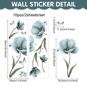 Detail showing blue flower and butterfly wall sticker dimensions and layout on white background