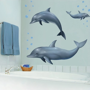 3D realistic ocean dolphin wall stickers with blue bubbles for bathroom decor