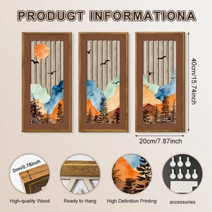 Detailed view of mountain landscape wood wall art set with dimensions and hanging hardware