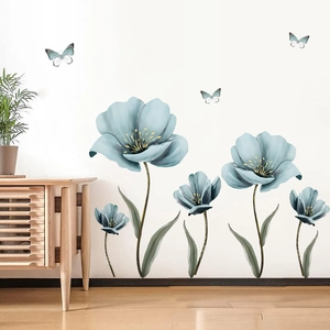 Blue watercolor flower and butterfly wall stickers for minimalist living room decor