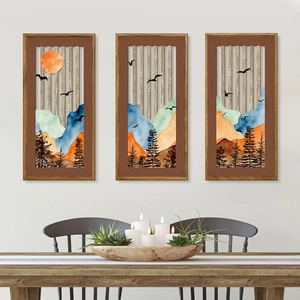 Three-piece Nordic mountain landscape wall art set in natural wooden frames for home decor