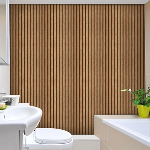 Vertical light walnut wood slat wall paneling detail for modern bathroom wall decor