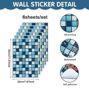Detail of 6pcs blue mosaic tile stickers 20x30cm with waterproof self-adhesive backing