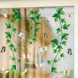 Green hanging vines and colorful butterflies PVC wall decal for home window decoration