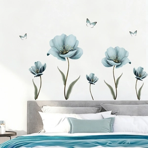 Chinese style watercolor blue floral wall decals with butterflies for living room decor