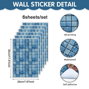 Detail of 6pcs blue mosaic waterproof PVC wall stickers with 20x30cm size specs