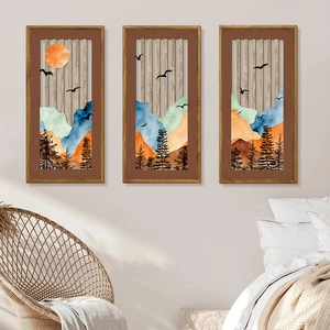 Nordic Wood Mountain Wall Art Decor Panels Landscape Sun Bird Hollow Out Bohemian Modern Farmhouse Home Office Hanging Decoration