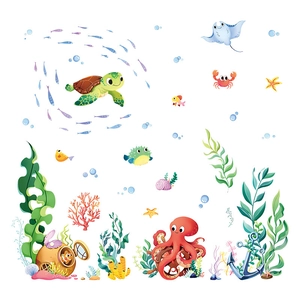 Cartoon ocean animal wall stickers with sea turtles and octopus for kids bathroom decoration