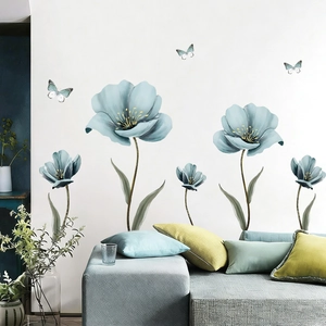 Chinese Style Watercolor Flowers Butterflies Wall Sticker Self Adhesive PVC Ink Wash Floral Wall Decal For Living Room Home Decor