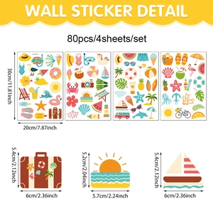 Détail du lot de 4 planches de stickers muraux d'été avec 80 motifs océaniques en PVC