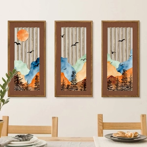 Three-piece Nordic mountain landscape wall art with minimalist wooden frames for home decor