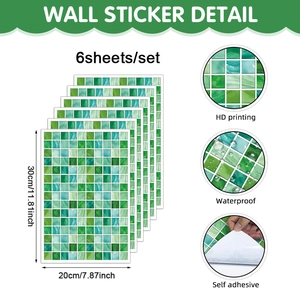 Detail of green and white mosaic wall stickers showing 30x20cm size and waterproof texture