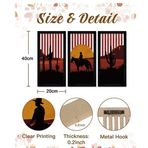 Vintage western cowboy wooden wall decor featuring sunset silhouette with horse and cactus
