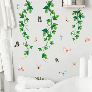 Green vine and butterfly PVC wall decals for fresh home bathroom and living room decor
