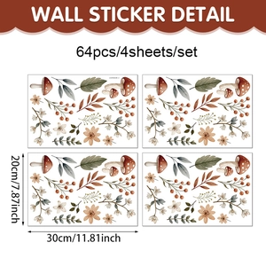 Lot de 64 stickers muraux botaniques champignons et feuilles sur 4 feuilles 20x30cm