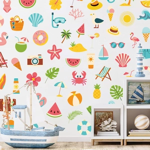 Stickers muraux été plage en PVC imperméable avec flamants et motifs marins tropicaux