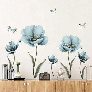 Chinese style blue watercolor floral wall stickers with butterflies for living room