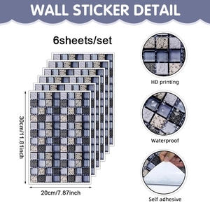 Detail of 6pcs grey blue mosaic PVC wall stickers showing HD print and waterproof features