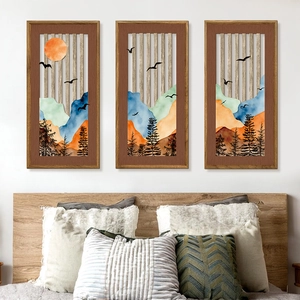 Three-piece Nordic mountain landscape wooden wall art set for boho home decor