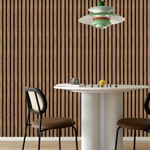 Detailed view of wood grain slatted wall panels in a modern dining room setting