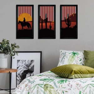 Three-piece American western cowboy and cactus silhouette wall art with red stripes