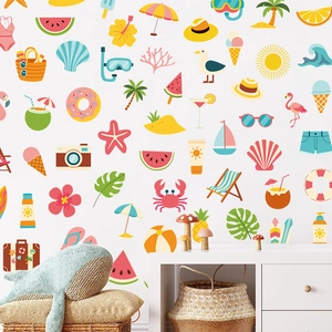 Stickers muraux PVC imperméables thème plage d'été avec flamants roses et éléments tropicaux