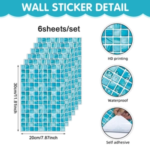 Detail of 6pcs blue mosaic tile stickers with waterproof and self-adhesive backing