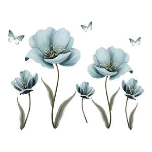 Chinese style watercolor blue flower and butterfly wall stickers for living room decor