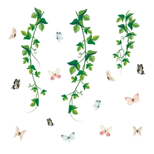 Vertical green vine wall decals with colorful butterflies for spring home wall decoration