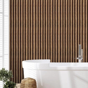 Detailed walnut wood grain texture wall panels in a modern bathroom with white bathtub