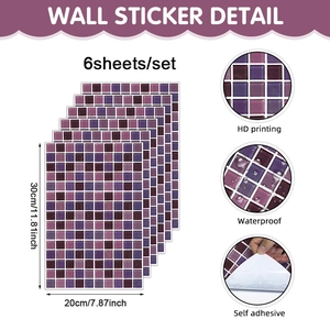 Detail view of purple mosaic wall stickers showing waterproof surface and self-adhesive back