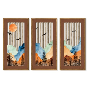 Three-piece Nordic mountain landscape wall art set with wooden frames for home decor