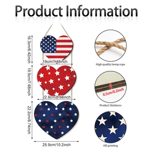 Detailed size chart of triple heart wooden patriotic sign with jute rope and dimensions